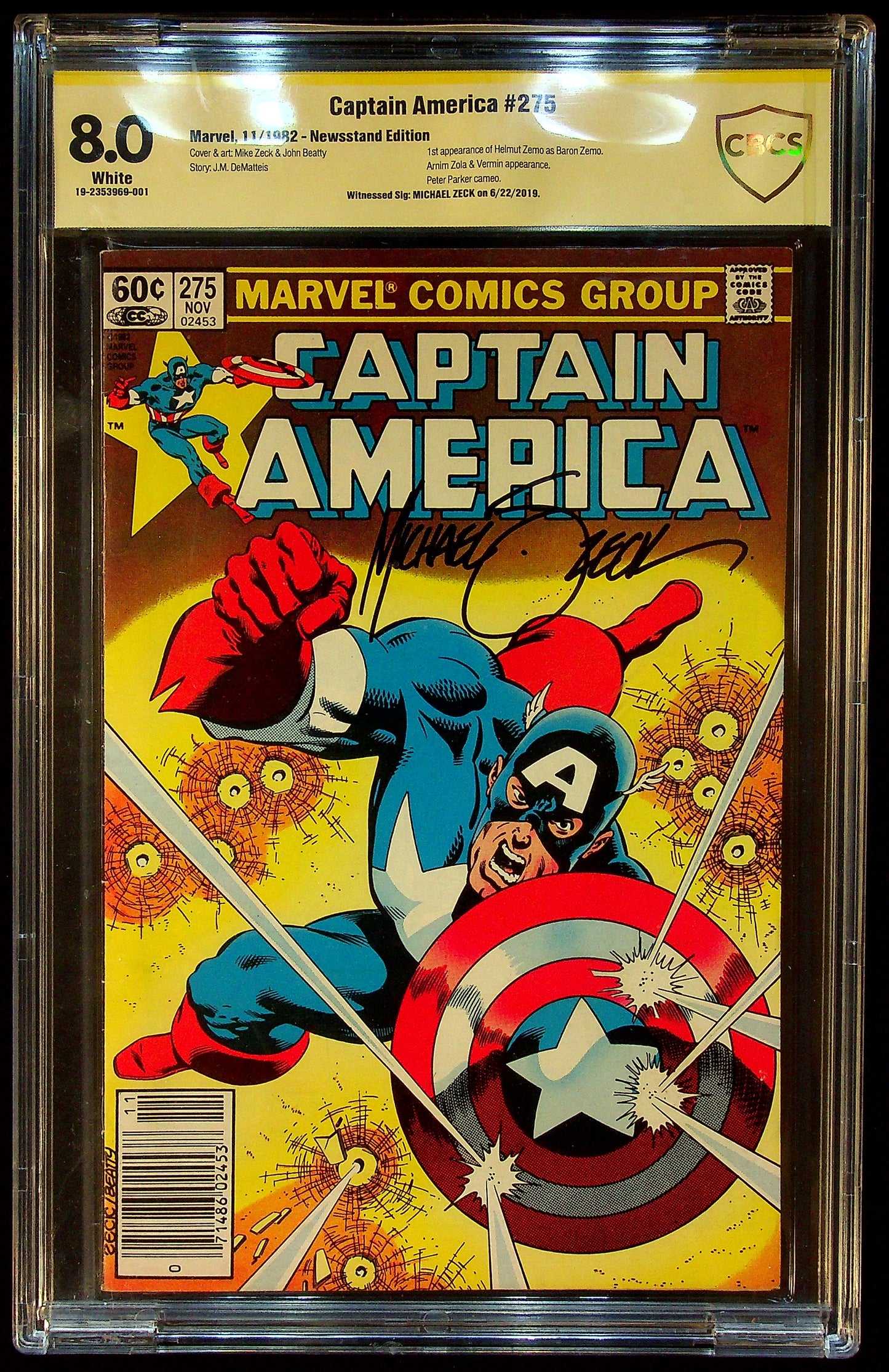 Captain America #275 CBCS 8.0 Signed by "Micheal Zeck" Newsstand Edition