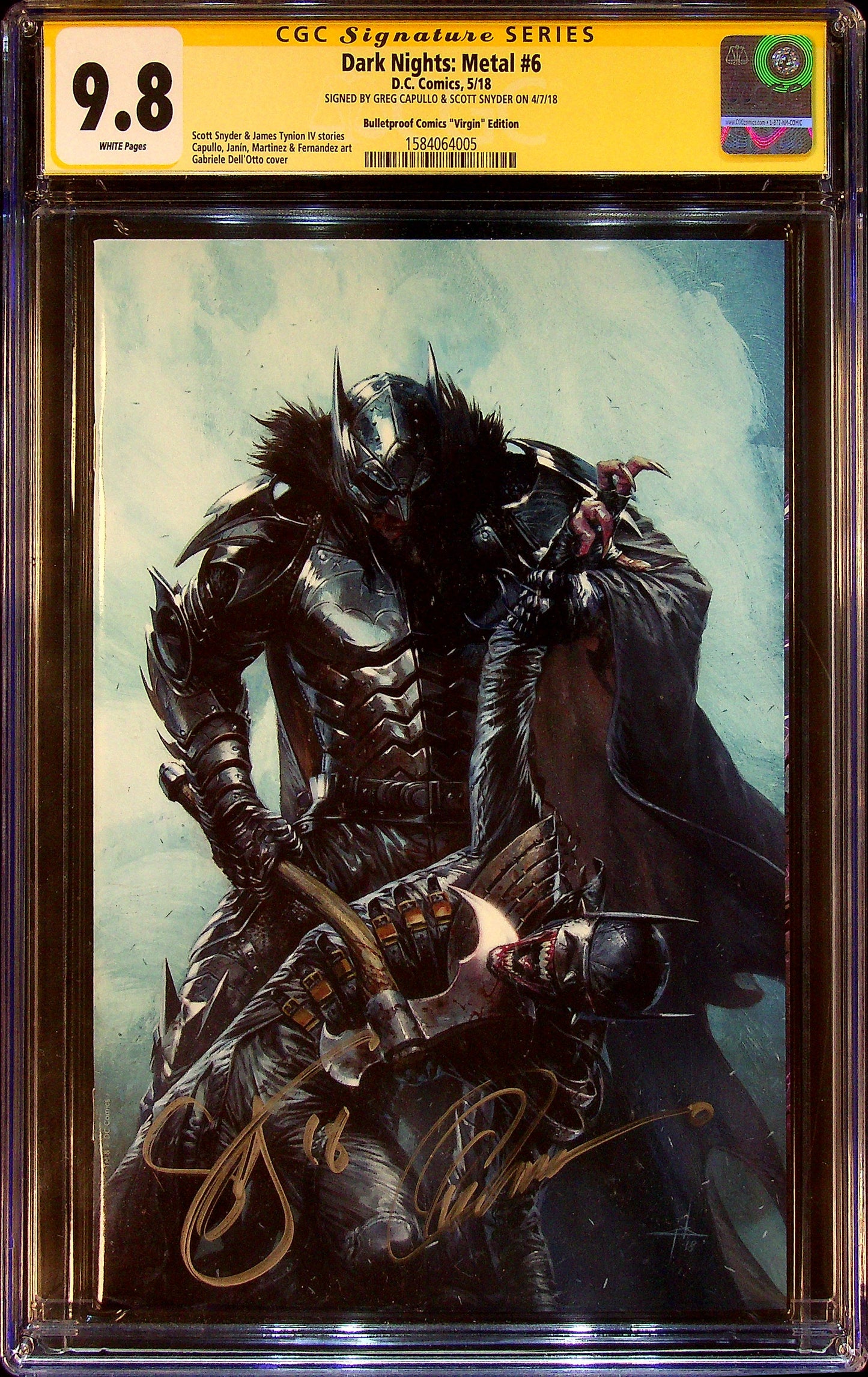 Dark Nights: Metal #6 CGCS 9.8 Bulletproof Comics "Virgin" Edition Signed by Greg Capullo and Scott Snyder