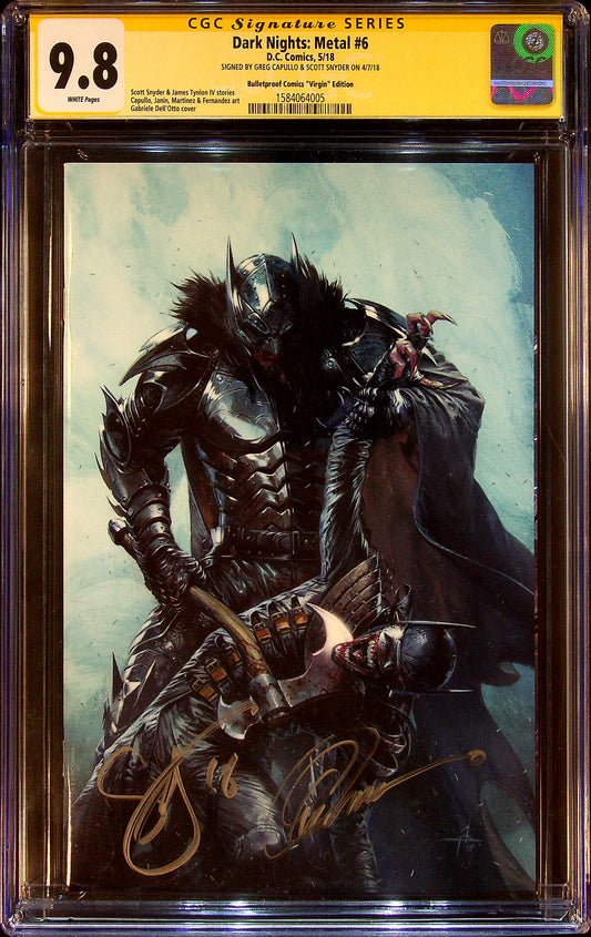 Dark Nights: Metal #6 CGCS 9.8 Bulletproof Comics "Virgin" Edition Signed by Greg Capullo and Scott Snyder